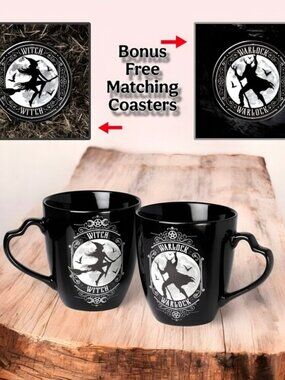 Alchemy Gothic Witch & Warlock Mug Set Coaster Black Goth Moon Bat Wicca NWT OS
